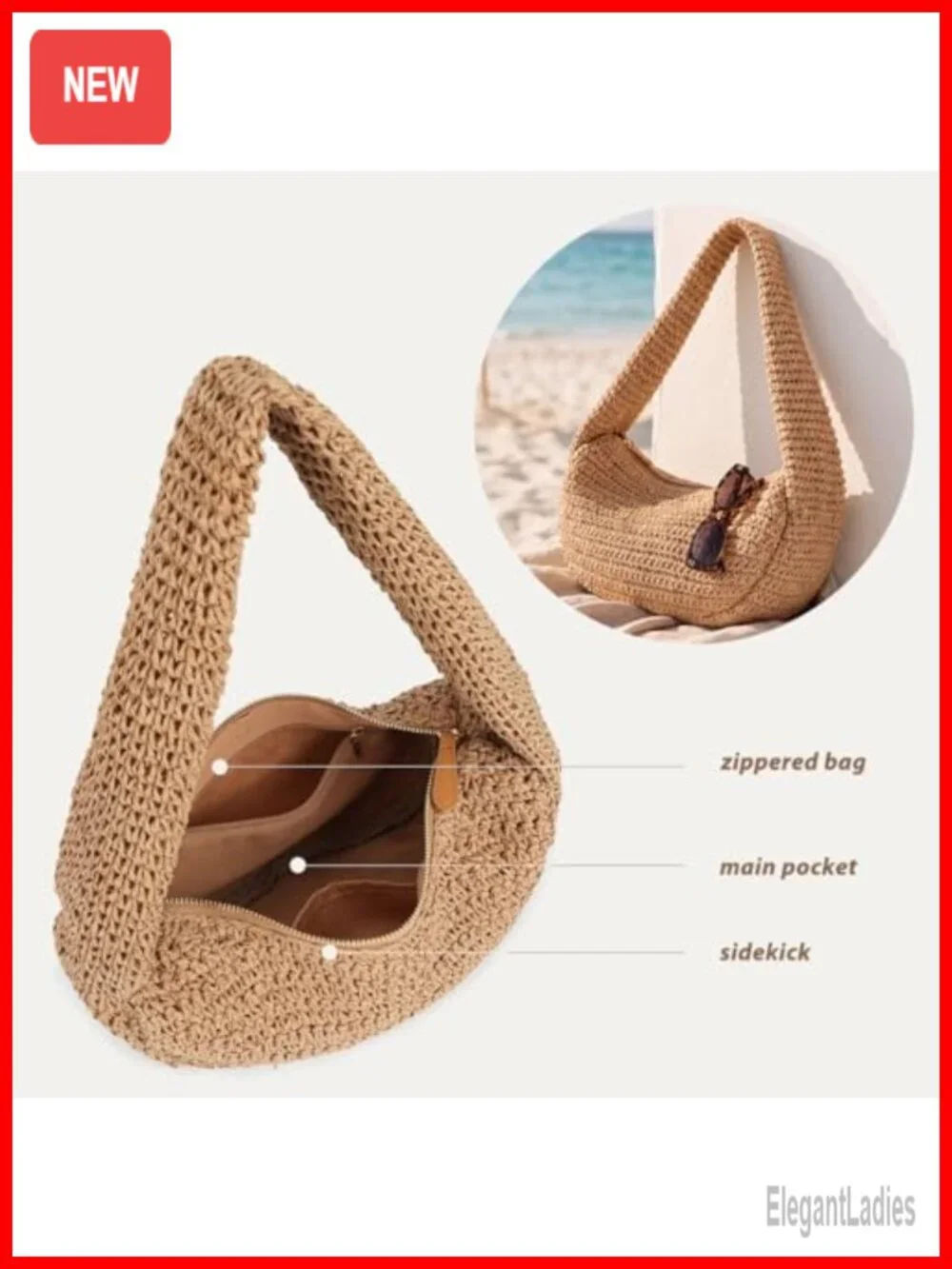 Crochet Straw Beach Bag Woven Hobo Shoulder Bag Half Moon Tote Purse with Zipper